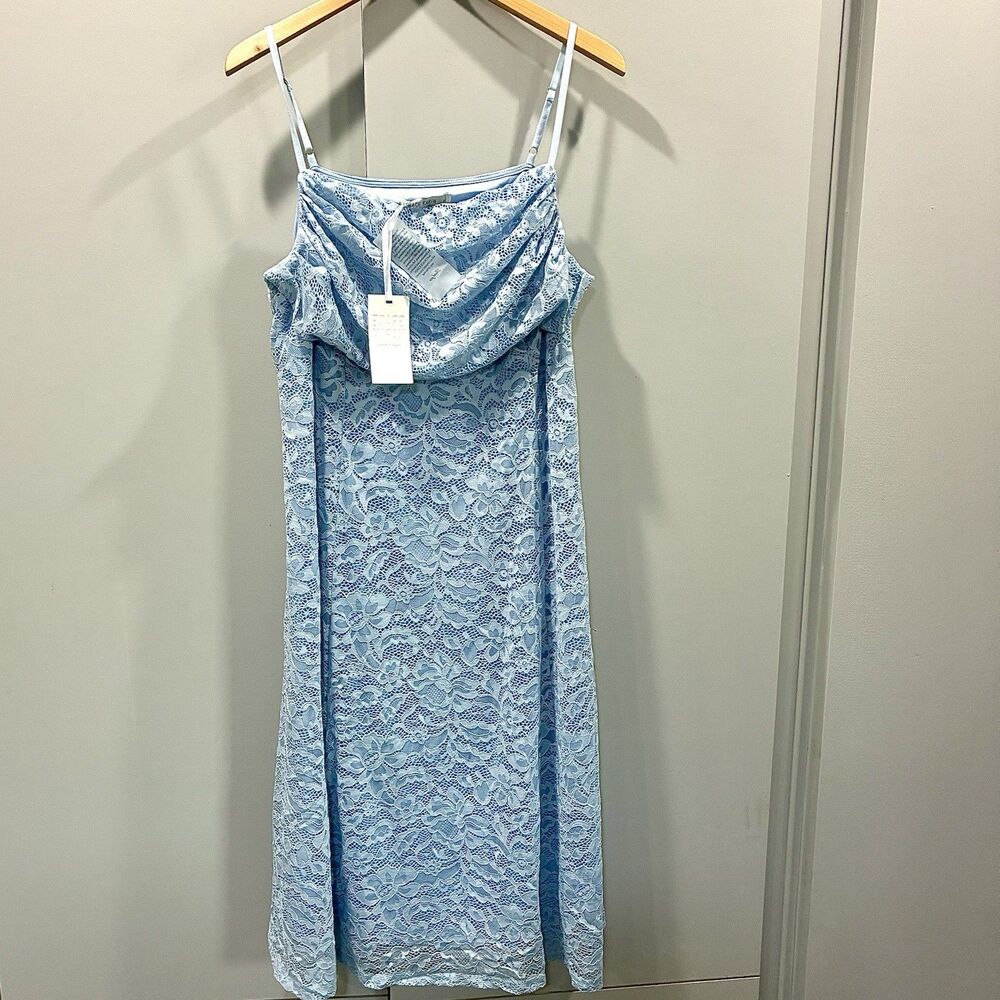 Grace Karin Wedding Guest Blue Allover Lace Midi Draped Cowl Neck Slip Dress 2XL